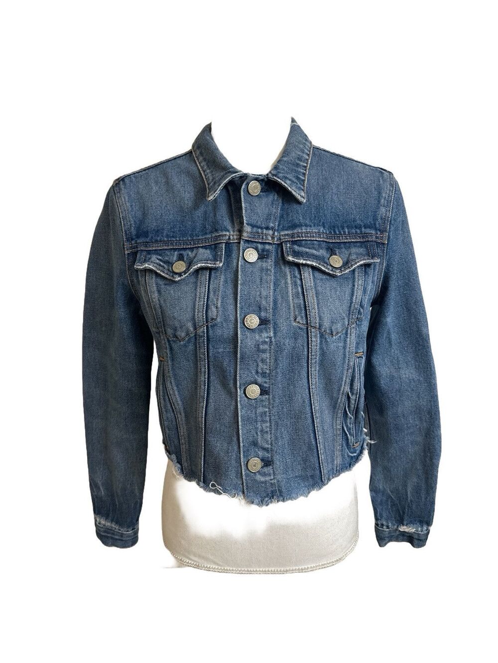 GRLFRND Cara Women's XS Blue Cropped Denim Jacket Frayed Hem Distressed